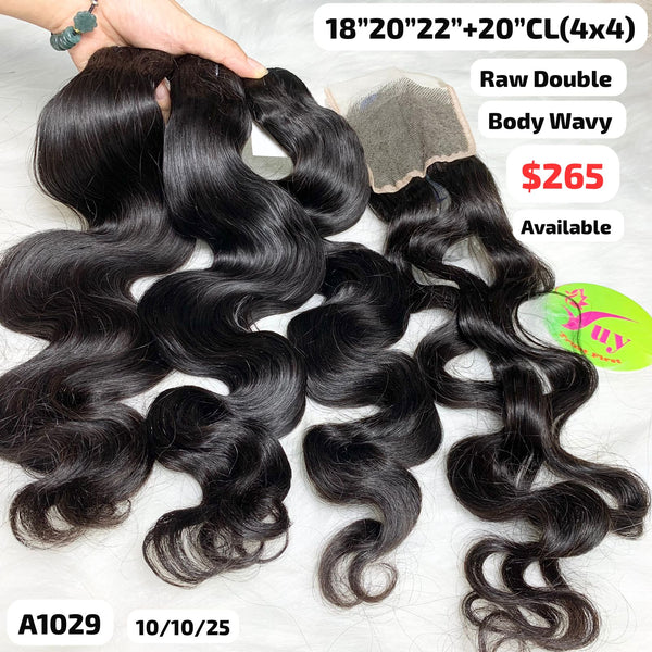 18"20"22" and 20" 4x4 closure body wave double drawn raw hair (A1029)