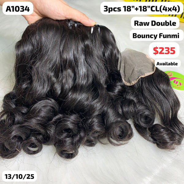 3pcs 18" and 18" 4x4 closure Bouncy funmi double drawn raw hair (A1034)
