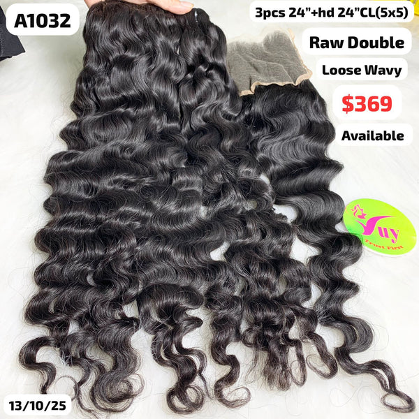 3pcs 24" and 24" 5x5 closure Loose wave double drawn raw hair (A1032)