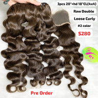 [PRE-ORDER] 3pcs 20" and 18" HD 4x4 closure Loose curly double drawn raw hair #2 color