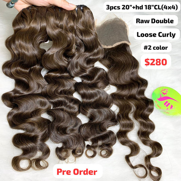 [PRE-ORDER] 3pcs 20" and 18" HD 4x4 closure Loose curly double drawn raw hair #2 color
