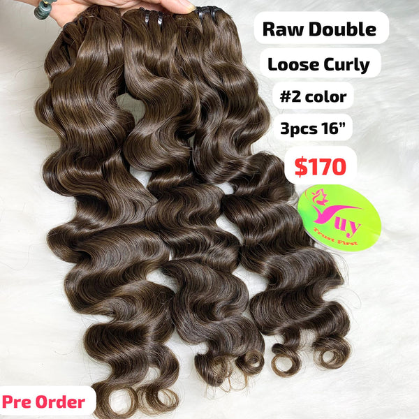 [PRE-ORDER] 3pcs 16" Loose curly double drawn raw hair #2 color
