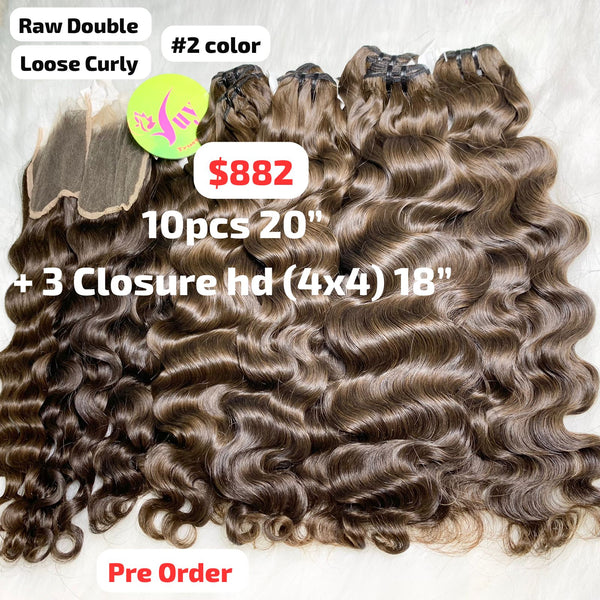 [PRE-ORDER] 10pcs 20" and 3pcs 18" HD 4x4 closure Loose curly double drawn raw hair #2 color