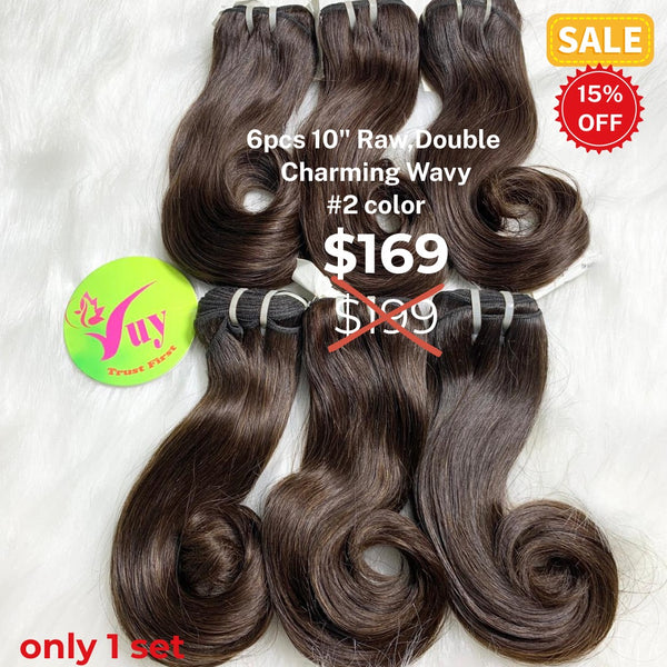 6pcs 10" Charming wave double drawn raw hair #2 color