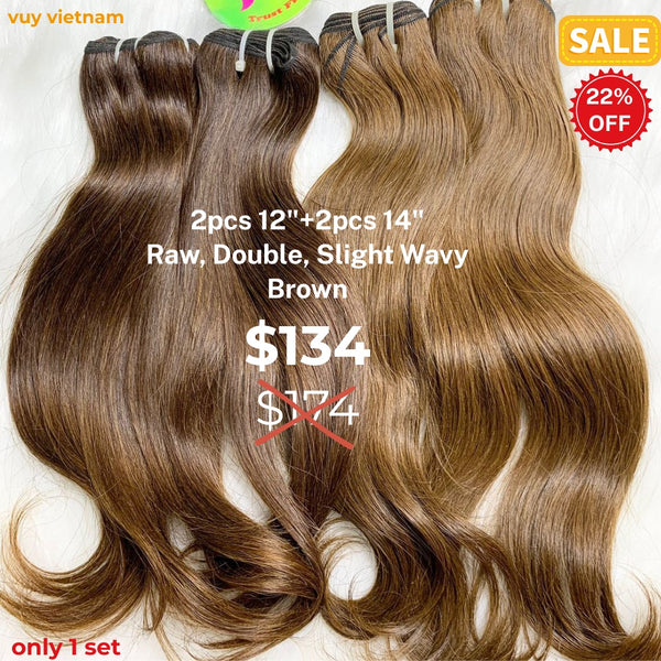 2pcs 12" and 2pcs 14" Slight wave double drawn raw hair brown color