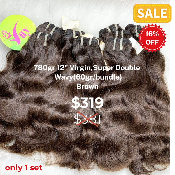 780g 12" wavy super double drawn virgin hair brown color (60g/bundle)