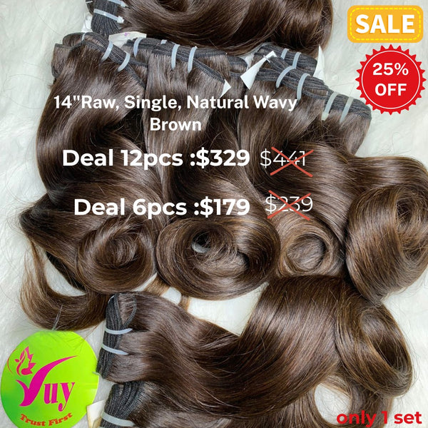 DEAL 6pcs and 12pcs 14" Natural wave single drawn raw hair brown color