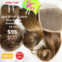2pcs 10" and 12" 4x4 closure natural wave double drawn raw hair #2 color