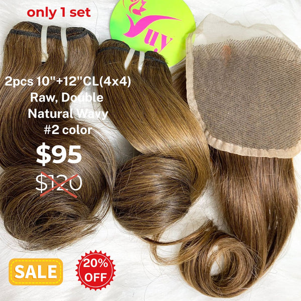 2pcs 10" and 12" 4x4 closure natural wave double drawn raw hair #2 color