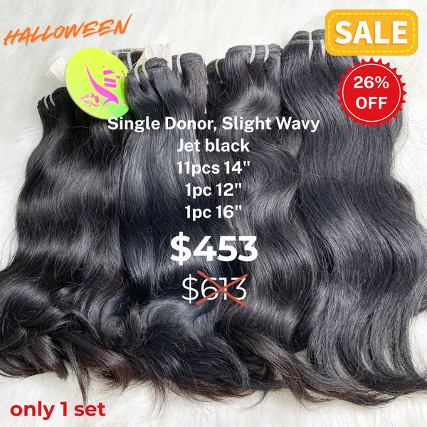 11pcs 14" 1pc 12" 1pc 16" Slight wave single donor hair jet black color