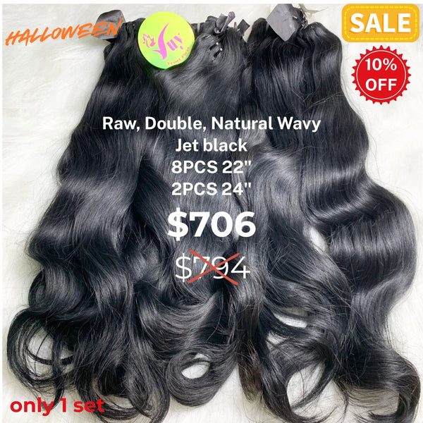 8pcs 22" and 2pcs 24" Natural wave double drawn raw hair jet black color