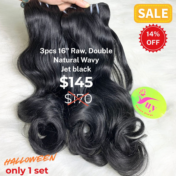 3pcs 16" Natural wave double drawn raw hair jet black color