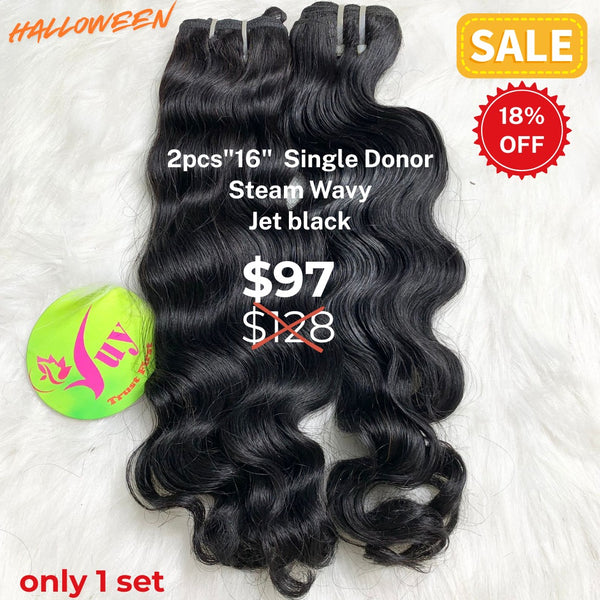 2pcs 16" Steam wave single donor hair jet black color