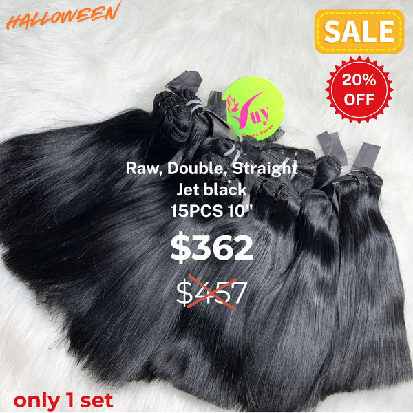 15pcs 10" Straight double drawn raw hair jet black color