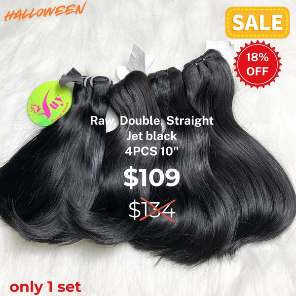 4pcs 10" Straight double drawn raw hair jet black color
