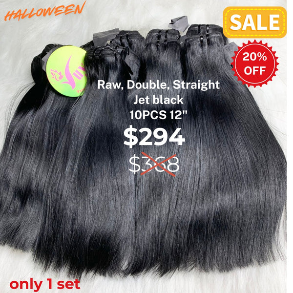 10pcs 12" Straight double drawn raw hair jet black color