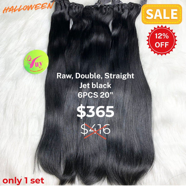 6pcs 20" Straight double drawn raw hair jet black color