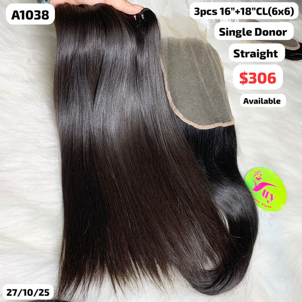 3pcs 16" and 18" 6x6 closure straight single donor hair (A1038)