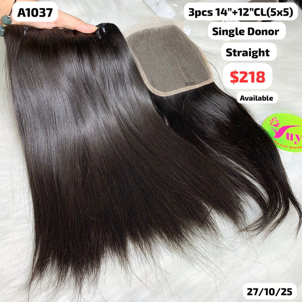 3pcs 14" and 12" 5x5 closure straight single donor hair (A1037)