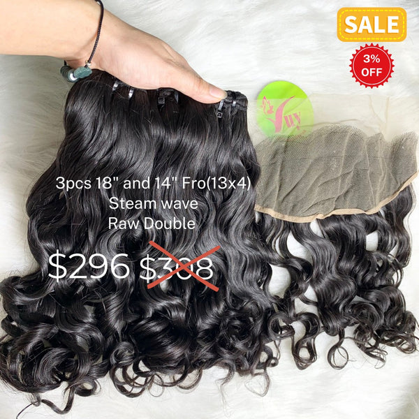 3pcs 18" and 14" 13x4 frontal steam wave double drawn raw hair