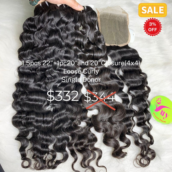 1.5pcs 22" 1pc 20" and 20" 4x4 closure Loose curly single donor hair