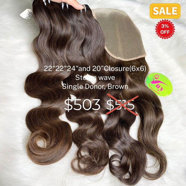 22"22"24" and 20" 6x6 closure steam wave single donor brown hair