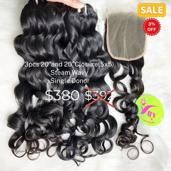 3pcs 20" and 20" 5x5 closure steam wave single donor hair
