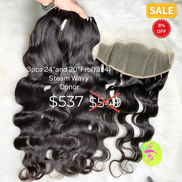 3pcs 24" and 20" 13x4 frontal steam wave single donor hair