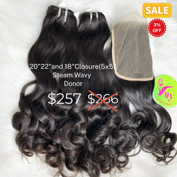 20"22" and 18" 5x5 closure steam wave single donor hair