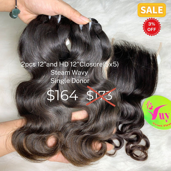 2pcs 12" and 12" 5x5 HD closure steam wave single donor hair