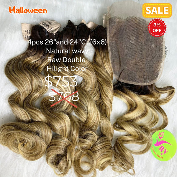 4pcs 26" and 24" 6x6 closure natural wave double drawn raw hair highlight color