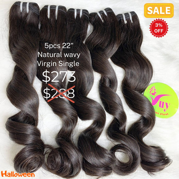 5pcs 22" natural wave single drawn virgin hair