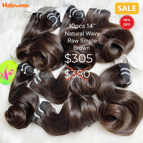 10pcs 14" natural wave single drawn raw hair brown color