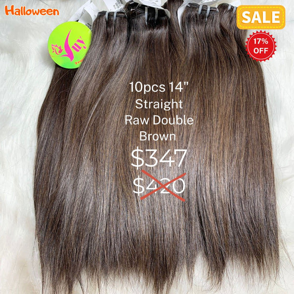 10pcs 14" straight double drawn raw hair brown color
