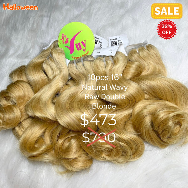 10pcs 16" natural wave double drawn raw hair blonde color