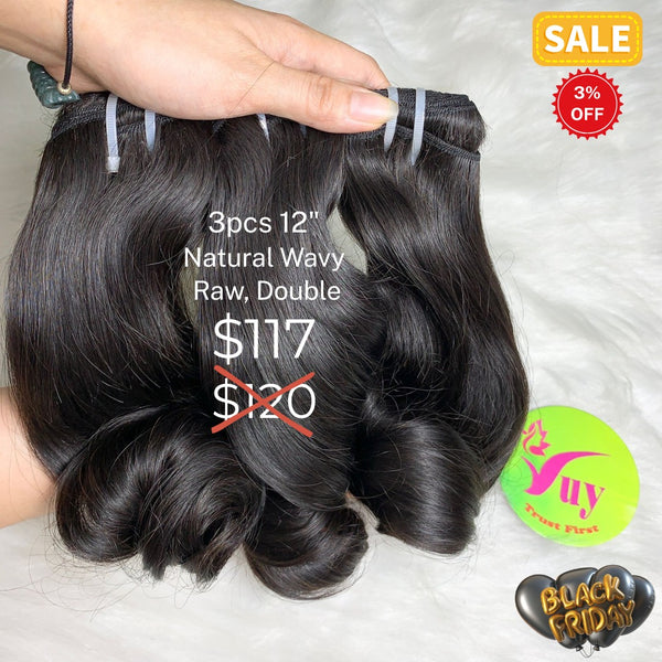 3pcs 12" natural wavy double drawn raw hair