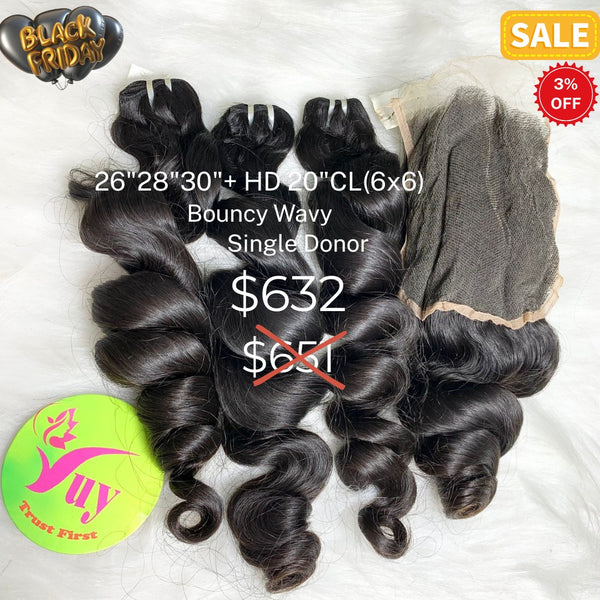 26"28"30" and 20" 6x6 closure bouncy wave single donor hair