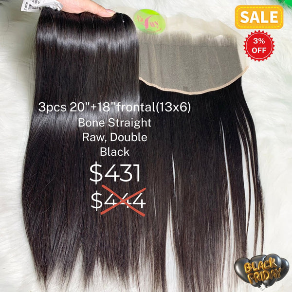 3pcs 20" and 18" 13x6 frontal bone straight double drawn raw hair