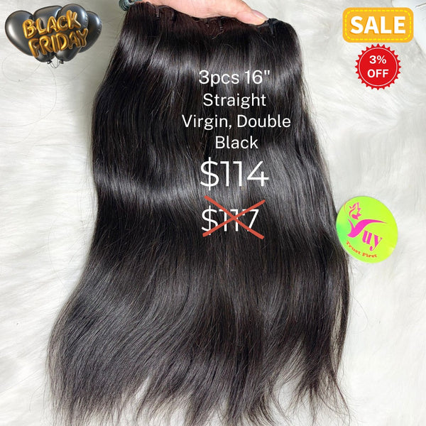 3pcs 16" straight double drawn virgin hair
