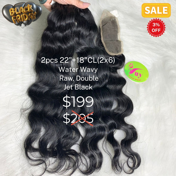 2pcs 22" and 18" 2x6 closure water wavy double drawn raw hair jet black color