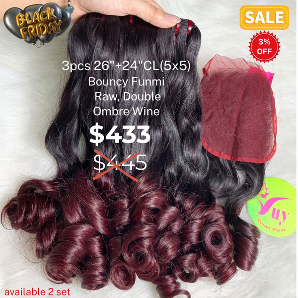 3pcs 26" and 24" 5x5 closure funmi wavy double drawn raw hair ombre wine color