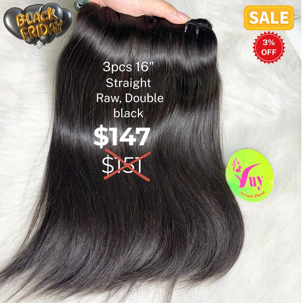 3pcs 16" straight double drawn raw hair