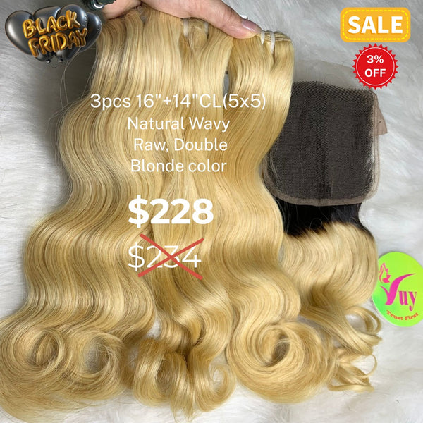 3pcs 16" and 14" 5x5 closure natural wavy double drawn raw hair blonde color
