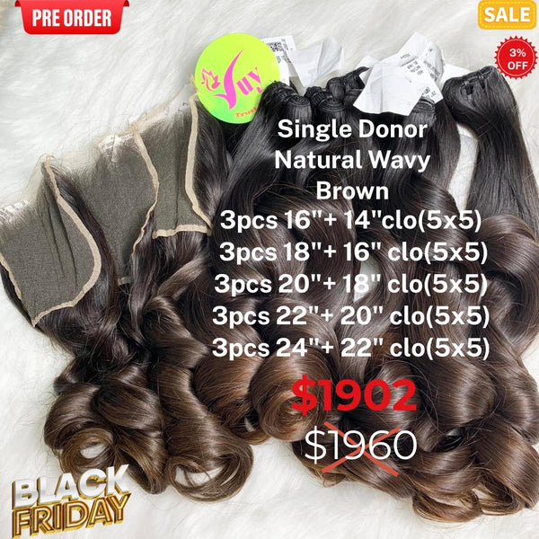[PRE-ORDER] DEAL 15pcs 16" to 24" and 5pcs closure 5x5 14" to 22" natural wavy single donor hair brown color