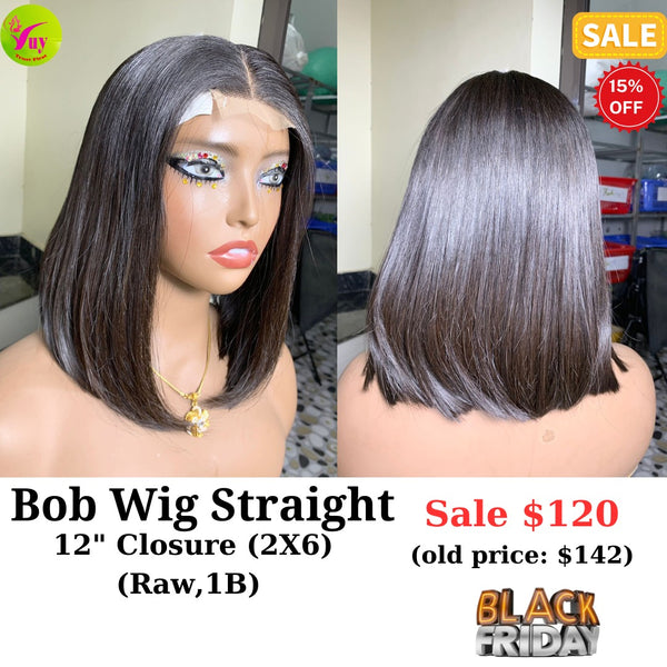 12" 2x6 closure bob wig straight raw hair