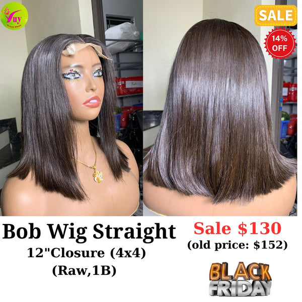 12" 4x4 closure bob wig straight raw hair