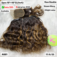 2pcs 10" and 10" 4x4 closure steam wavy double drawn raw hair highlight color (A661)