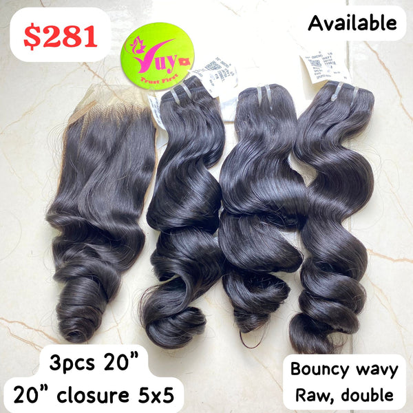 3pcs 20" + 20" Closure 4x4 Bouncy Wavy Raw Hair