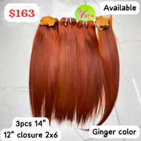 3pcs 14" + 12" Closure 2x6 Ginger Color Double