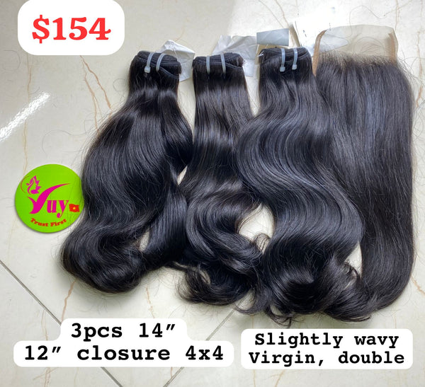 14" 3pcs + 12" Closure 4x4 Straight Virgin Double